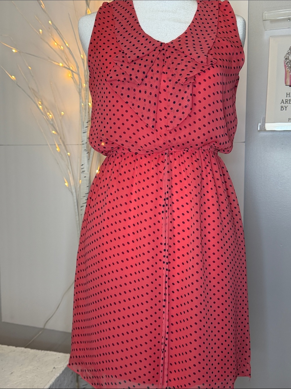 NWOT Dress SZ M Vneck salmon color W/dots, machine wash and dry